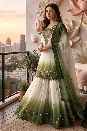 Olive And White Color Embroidery And Thread Work Georgette Salwar Suit