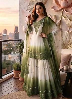 Olive And White Color Embroidery And Thread Work Georgette Salwar Suit 2