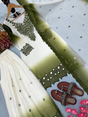 Olive And White Color Embroidery And Thread Work Georgette Salwar Suit 3