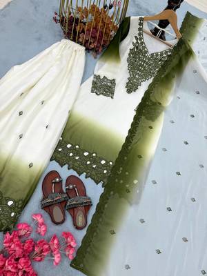 Olive And White Color Embroidery And Thread Work Georgette Salwar Suit 4
