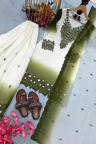 Olive And White Color Embroidery And Thread Work Georgette Salwar Suit