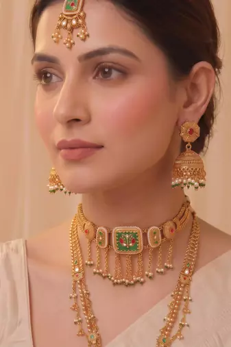 Multicolor gold plated temple jewellery set for women – designer ethnic jewellery