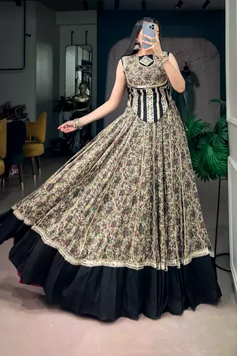 women festive real mirror work border chanderi garba lehenga choli set - free size
