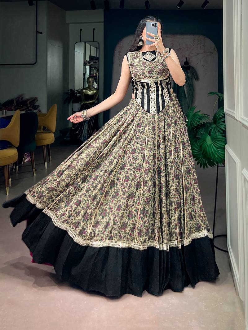 women festive real mirror work border chanderi garba lehenga choli set - free size