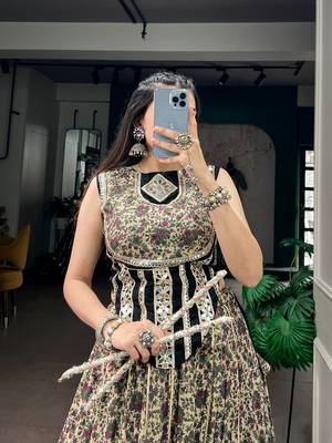 women festive real mirror work border chanderi garba lehenga choli set - free size 2