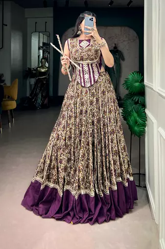 women festive real mirror work border chanderi garba lehenga choli set - free size