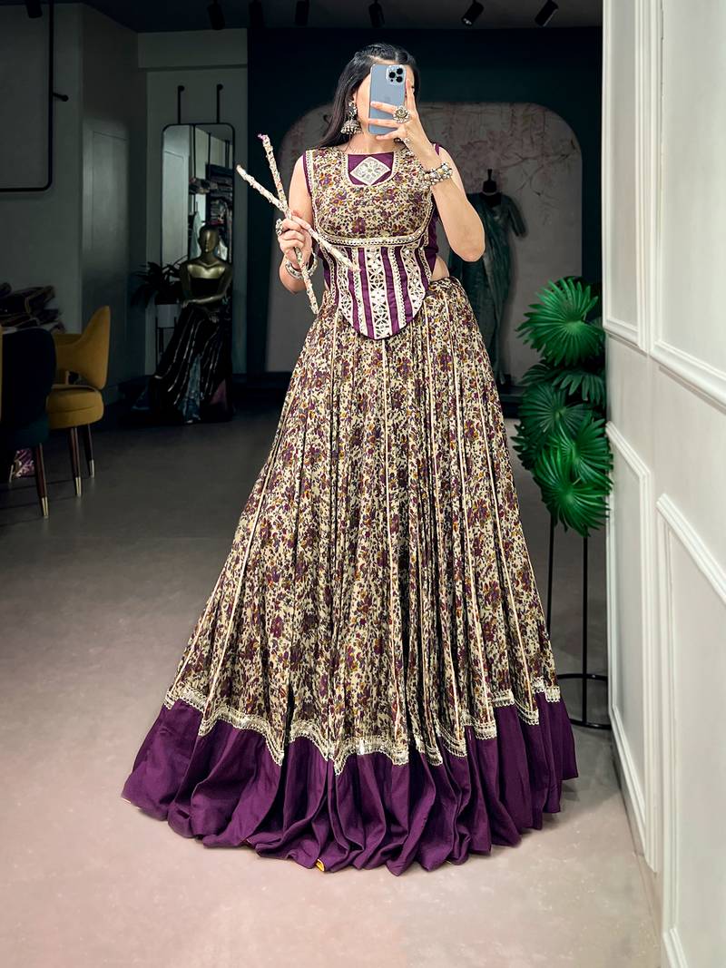 women festive real mirror work border chanderi garba lehenga choli set - free size