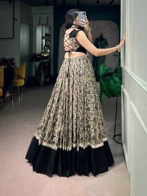 women festive real mirror work border chanderi garba lehenga choli set - free size 3