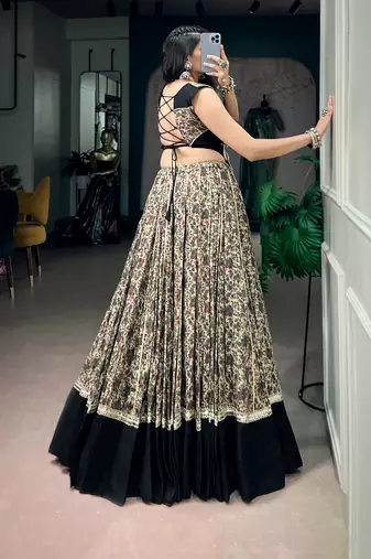 women festive real mirror work border chanderi garba lehenga choli set - free size