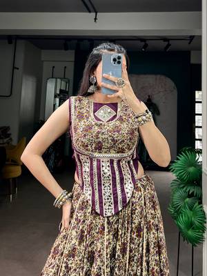 women festive real mirror work border chanderi garba lehenga choli set - free size 2