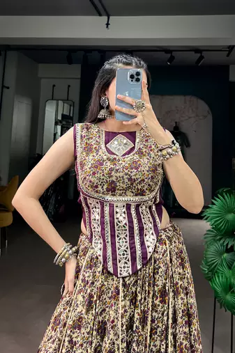 women festive real mirror work border chanderi garba lehenga choli set - free size