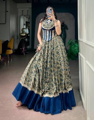 women festive real mirror work border chanderi garba lehenga choli set - free size 1