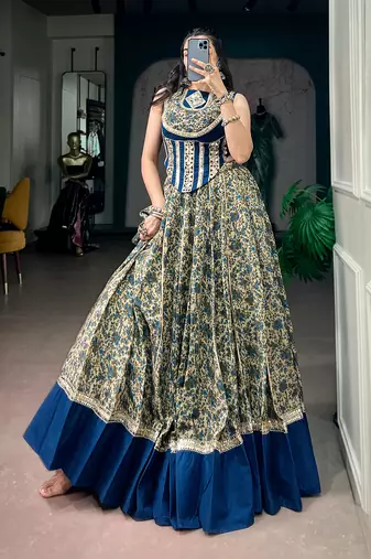 women festive real mirror work border chanderi garba lehenga choli set - free size