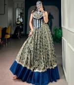 women festive real mirror work border chanderi garba lehenga choli set - free size