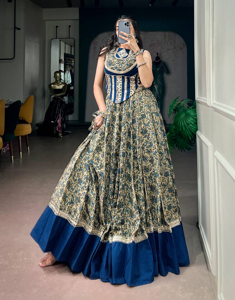 women festive real mirror work border chanderi garba lehenga choli set - free size