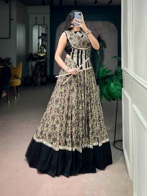 women festive real mirror work border chanderi garba lehenga choli set - free size 4