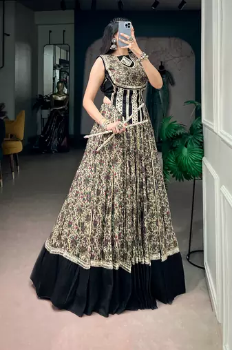 women festive real mirror work border chanderi garba lehenga choli set - free size