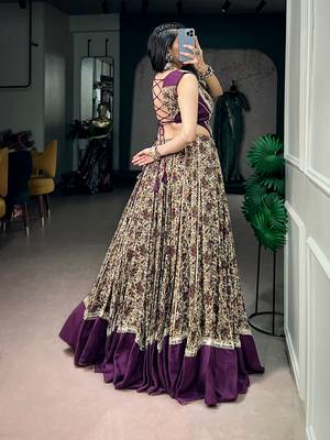 women festive real mirror work border chanderi garba lehenga choli set - free size 3