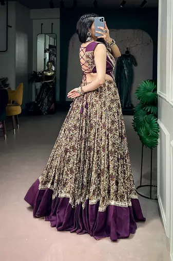 women festive real mirror work border chanderi garba lehenga choli set - free size