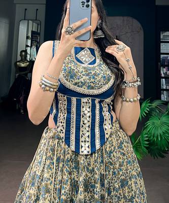 women festive real mirror work border chanderi garba lehenga choli set - free size 2