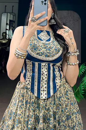 women festive real mirror work border chanderi garba lehenga choli set - free size