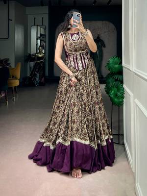 women festive real mirror work border chanderi garba lehenga choli set - free size 4