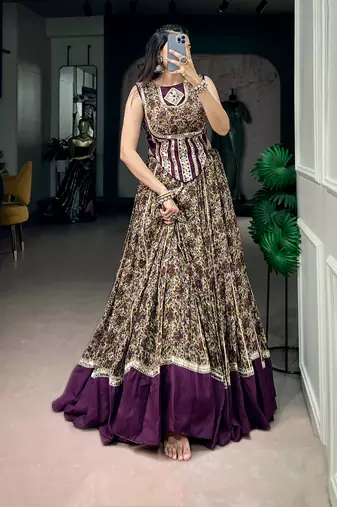 women festive real mirror work border chanderi garba lehenga choli set - free size