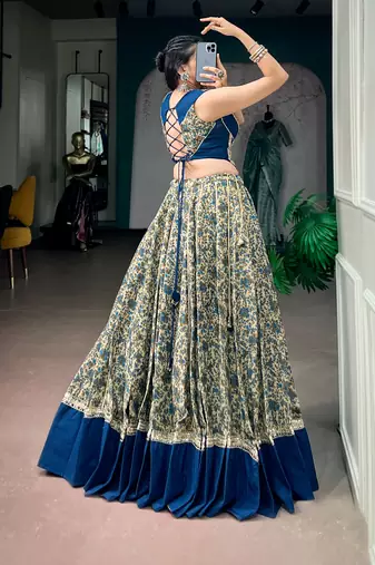 women festive real mirror work border chanderi garba lehenga choli set - free size