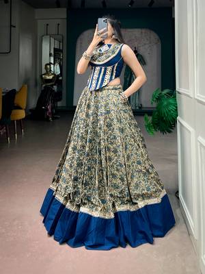 women festive real mirror work border chanderi garba lehenga choli set - free size 4