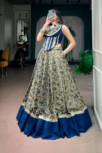 women festive real mirror work border chanderi garba lehenga choli set - free size