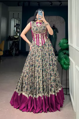 women festive real mirror work border chanderi garba lehenga choli set - free size