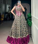 women festive real mirror work border chanderi garba lehenga choli set - free size