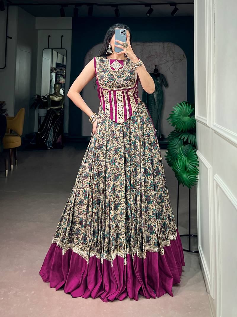 women festive real mirror work border chanderi garba lehenga choli set - free size
