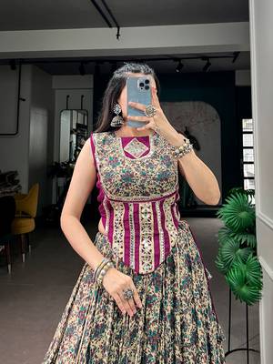 women festive real mirror work border chanderi garba lehenga choli set - free size 2