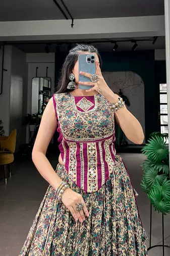 women festive real mirror work border chanderi garba lehenga choli set - free size