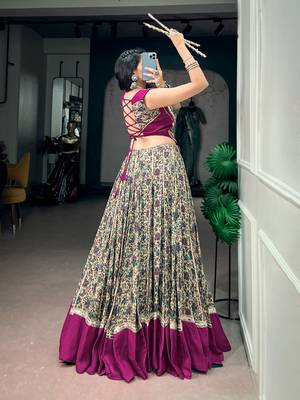 women festive real mirror work border chanderi garba lehenga choli set - free size 3