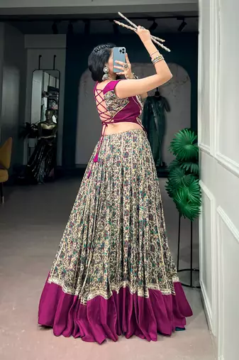 women festive real mirror work border chanderi garba lehenga choli set - free size