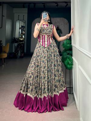 women festive real mirror work border chanderi garba lehenga choli set - free size 4