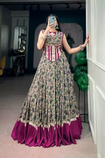 women festive real mirror work border chanderi garba lehenga choli set - free size
