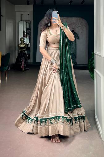 women beige chanderi silk embroidered border flared lehenga choli with dupatta - free size