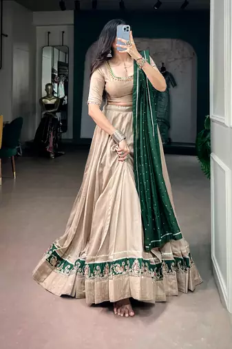 women beige chanderi silk embroidered border flared lehenga choli with dupatta - free size