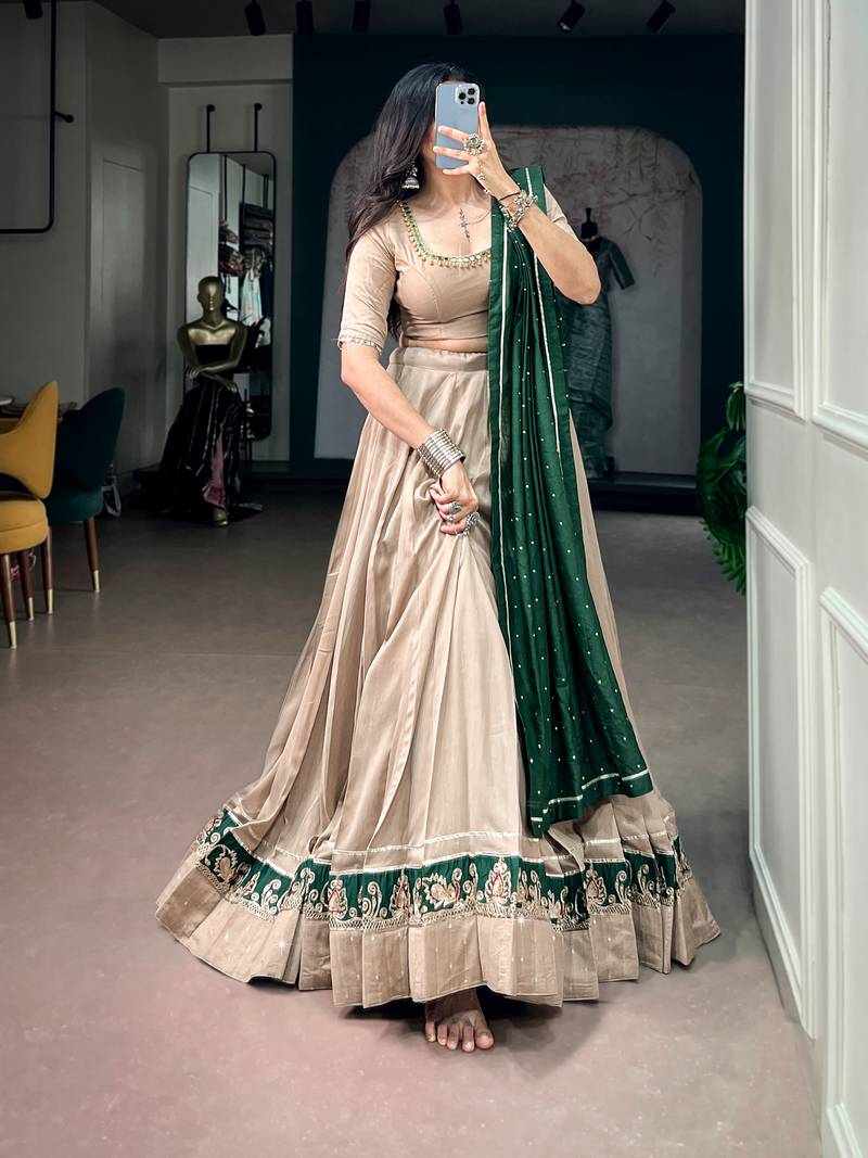 women beige chanderi silk embroidered border flared lehenga choli with dupatta - free size