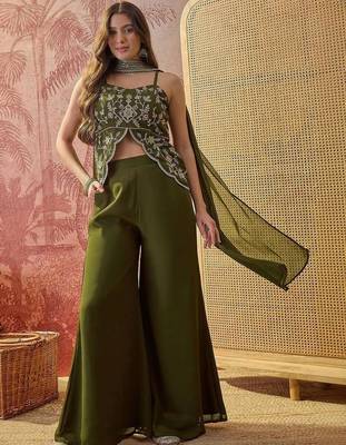 Olive georgette embroidered palazzo set 1
