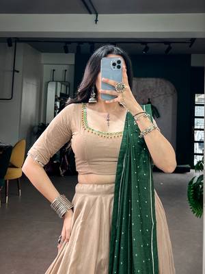 women beige chanderi silk embroidered border flared lehenga choli with dupatta - free size 2
