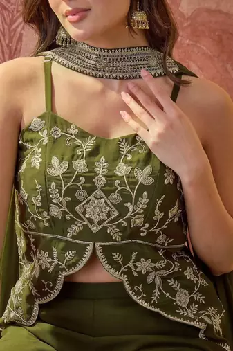 Olive georgette embroidered palazzo set