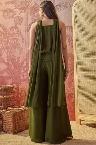 Olive georgette embroidered palazzo set
