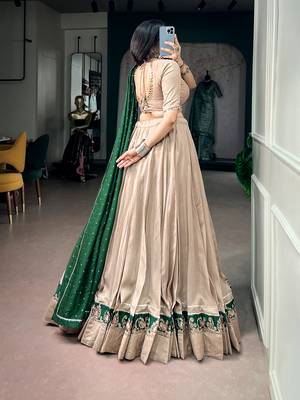 women beige chanderi silk embroidered border flared lehenga choli with dupatta - free size 3