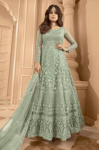 Green net embroidered anarkali set
