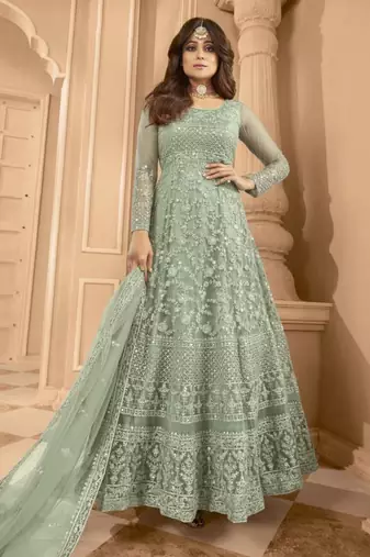 Green net embroidered anarkali set