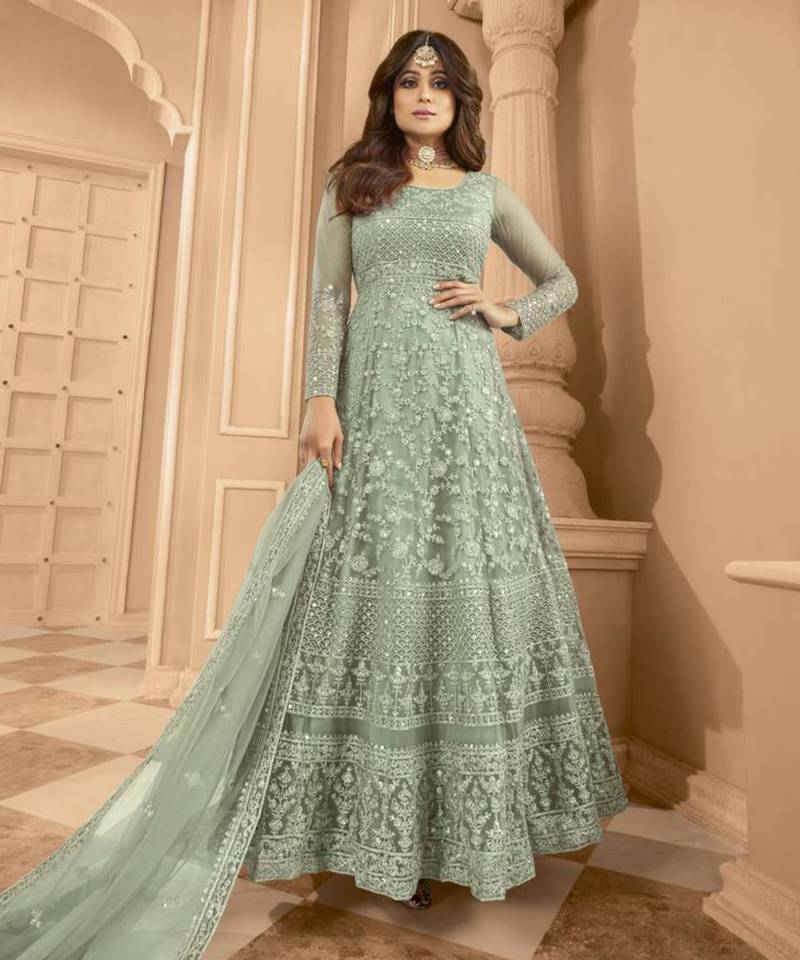 Green net embroidered anarkali set
